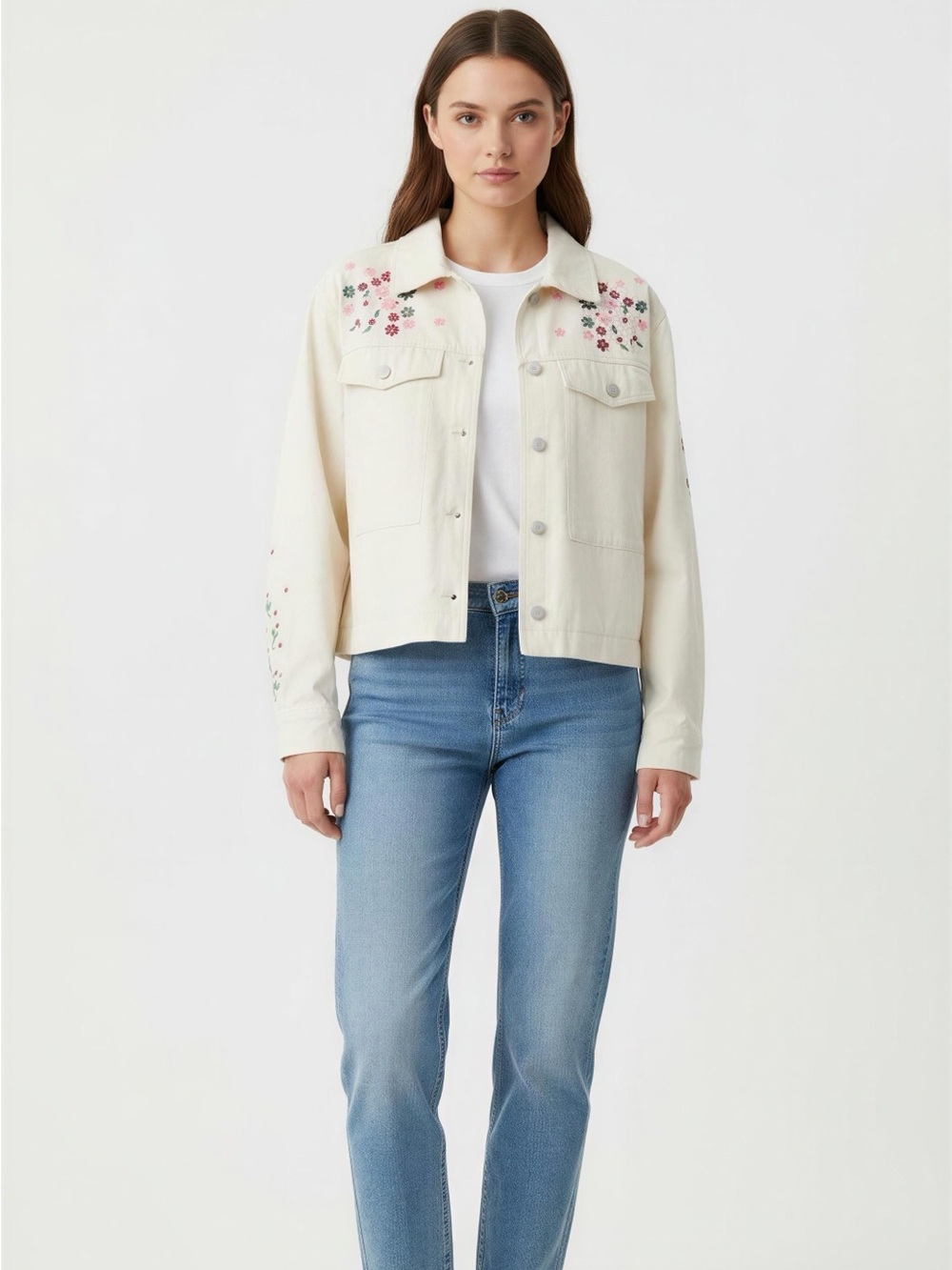 Dolan Cream Embroidered Cropped‎ Jean Jacket modern vintage boho